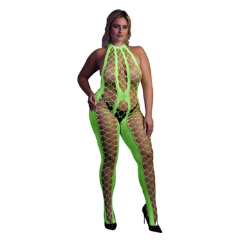 Fluorescencyjny, świecący w ciemnosci siateczkowy kostium z dekoltem typu halter, neonowa zieleń rozmiar XL/XXXXL