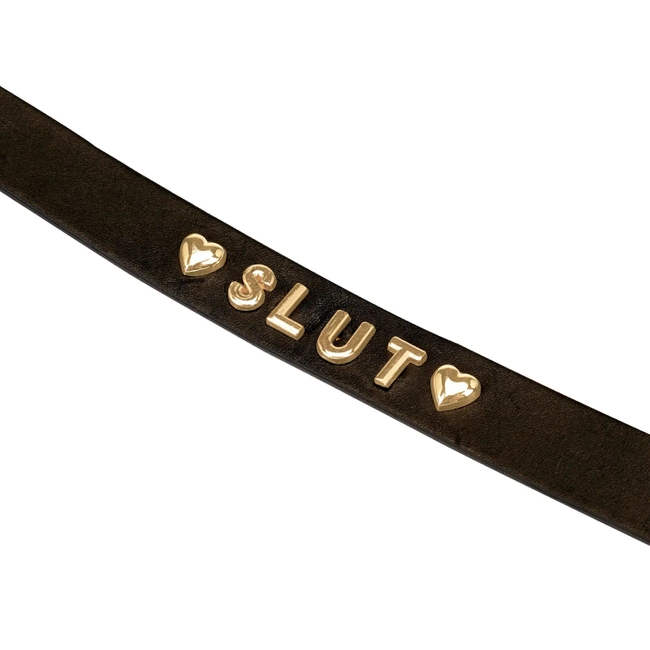 Obroża, naszyjnik, skórzana, z pozłacanym napisem "SLUT"  choker 