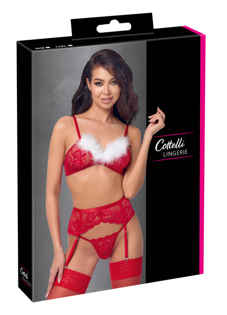 Zestaw 3-częściowy X‑Mas Set: czerwony biustonosz, pas  i stringi, czerwona koronka z białym futerkiem