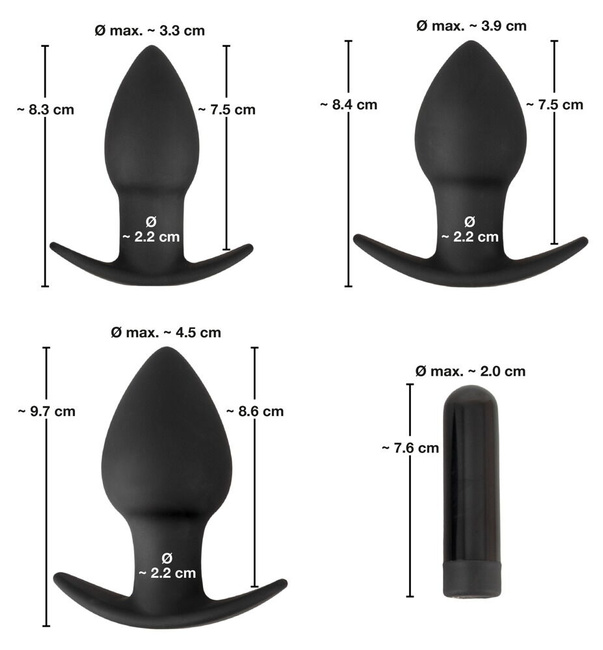 Zestaw trzech wibrujących korków analnych Ø 3,3 cm, Ø 3,9 cm, Ø 4,5 cm, wymienny bulletem, silikon