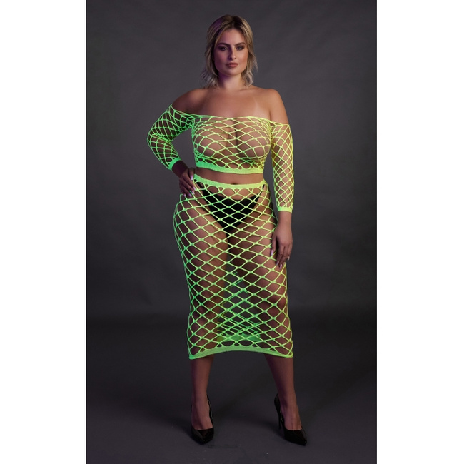 Fluorescencyjny, świecący, dwucześciowy kostium - krótki top z długim rękawem + długa sukienka, neonowa zieleń rozmiar XL/XXXXL