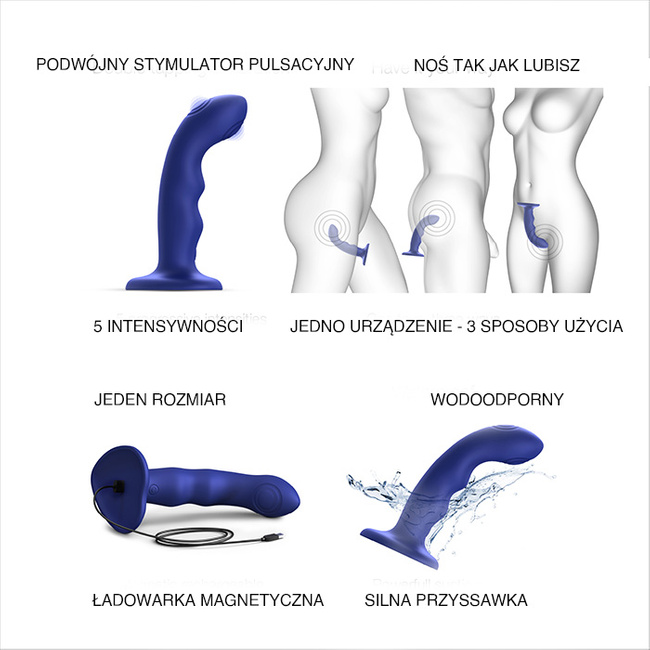 Francja-elegancja - luksusowe wibrujące dildo do punktu G z podwójnym pulsatorem membranowym, na przyssawkę, 13 cm, kolor nocny granat, silikonowe