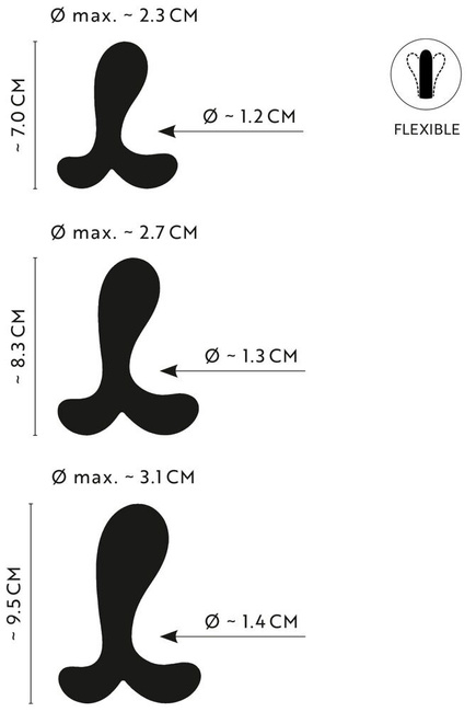 Zestaw trzech korków analnych Ø 2,3 cm, Ø 2,7 cm, Ø 3,1 cm.