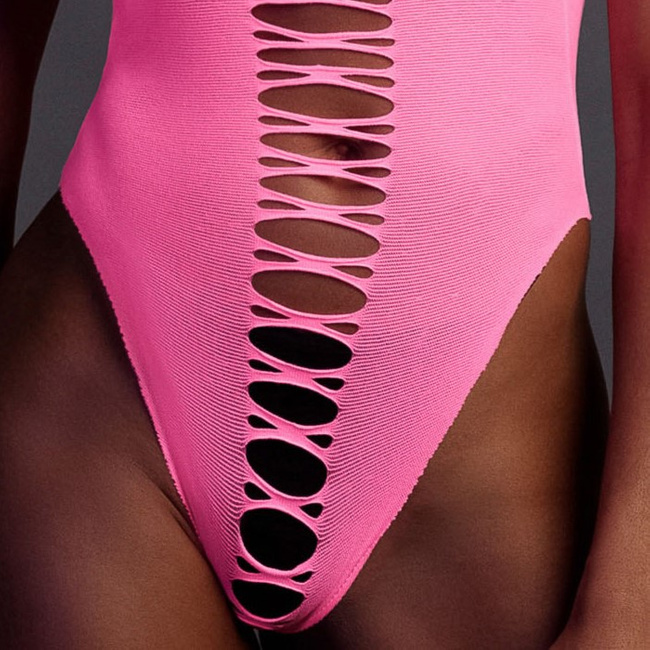 Fluorescencyjne, świecące body z wysokim wycięciem, neonowy róż rozmiar XS/XL