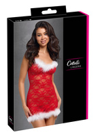 Koronkowa czerwona halka, koronkowa koszulka, z białym futerkiem i regulowanymi ramiączkami