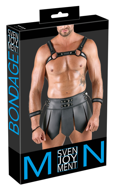 Gladiator zestaw: pas z krótką spódniczką, harnes i miękkie kajdanki z karabińczykami, soft BDSM