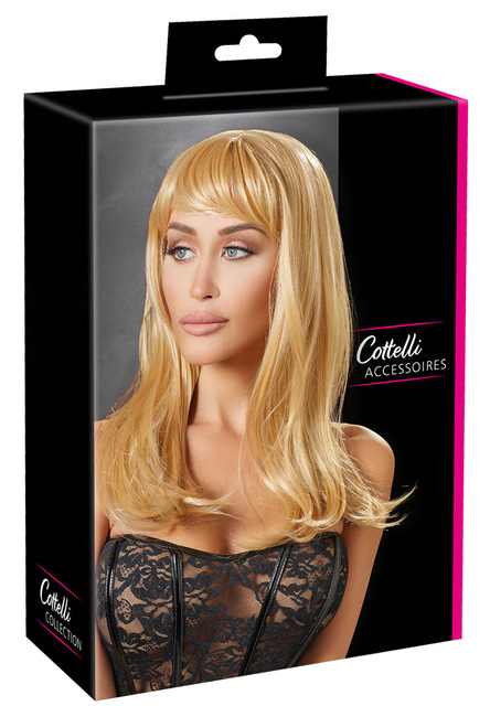 Seksowna blondynka – długa peruka z prostą grzywką blunt bangs, dł. 45 cm, poliester, ciemny blond