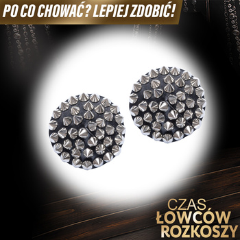 Nakładki naklejki na sutki. W stylu punk, w kształcie czarnych kół z metalowymi ćwiekami, 2 sztuki