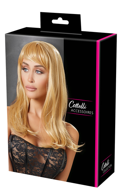 Seksowna blondynka – długa peruka z prostą grzywką blunt bangs, dł. 45 cm, poliester, ciemny blond