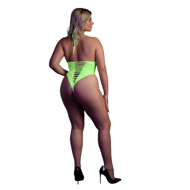 Fluorescencyjne, świecące body z wysokim wycięciem, neonowa zieleń rozmiar XL/XXXXL