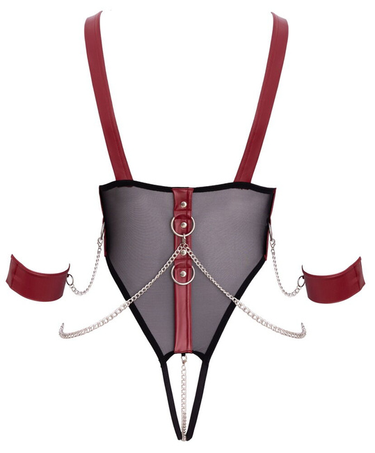 Zmysłowe, seksowne body ouvert z siatki powernet, z łańcuszkami i soft kajdankami, bondage i BDSM