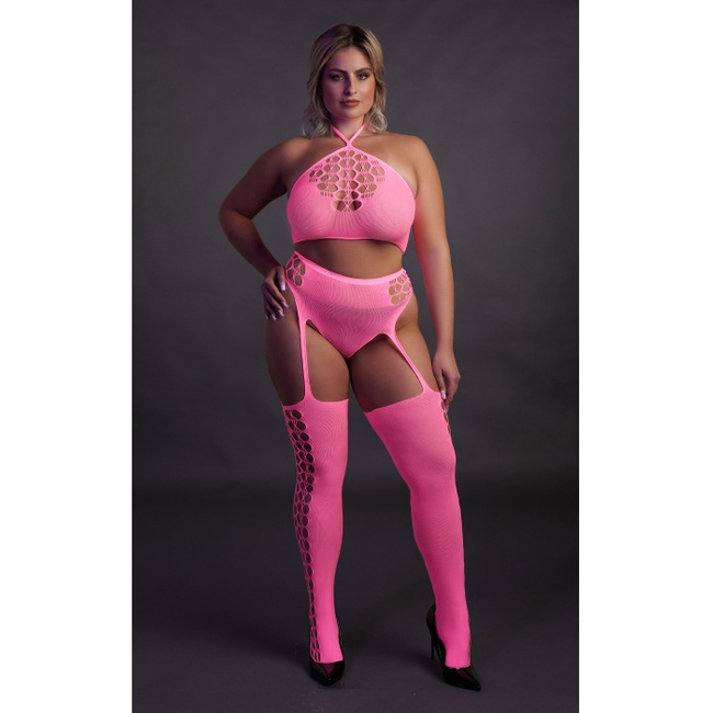 Fluorescencyjny, świecący dwuczęściowy kostium krótki top + pas z pończochami, neonowy róż rozmiar XL/XXXXL