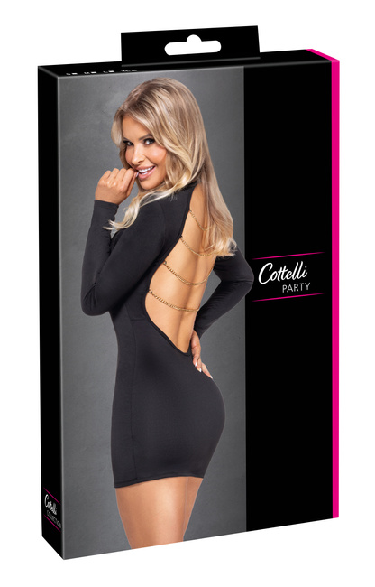 Sexy mała czarna – seksowna sukienka mini z odkrytymi plecami, ozdobiona łańcuszkami w kolorze złotym