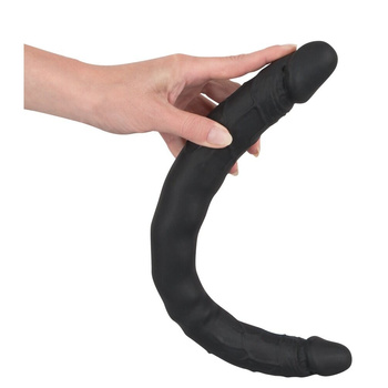 Dwustronne czarne dildo rozmiar XXL, elastyczne - podwójna penetracja, silikon, długość 40 cm, Ø 4 cm