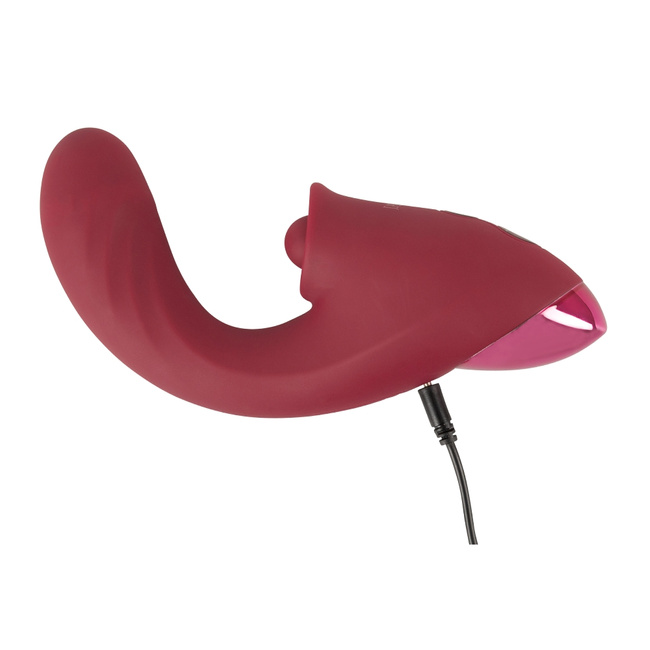 Rubinowe pchnięcie – Posuwisty wygięty wibrator do punktu G z pulsacyjnym młoteczkiem do łechtaczki, długość 17,8 cm, wkładane 9,0 cm