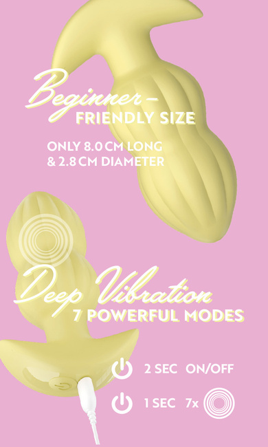 Wibrujący pieszczoch analny Cuties. Rowkowany, o zmiennej grubości, kolor żółty, silikon