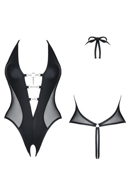 APATE eleganckie body ze srebrnym łańcuszkiem z czarnej EkoSkóry BDSM 