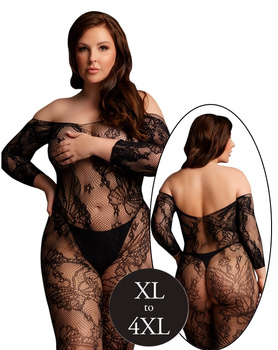 Siatkowy kostium bodystocking z długim rękawem, koronkowym wzorem i otwartym krokiem, połączone z pończochami, ONE SIZE XL-4XL