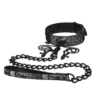 Obroża ze smyczą i klamerkami na sutki