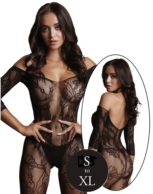 Siatkowy kostium bodystocking z długim rękawem, koronkowym wzorem i otwartym krokiem, połączone z pończochami, ONE SIZE S-XL