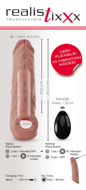 Nakładka na penisa wydłużająca o 6,5 cm, z pierścieniem na jądra, z wibracjami, sterowanie pilotem