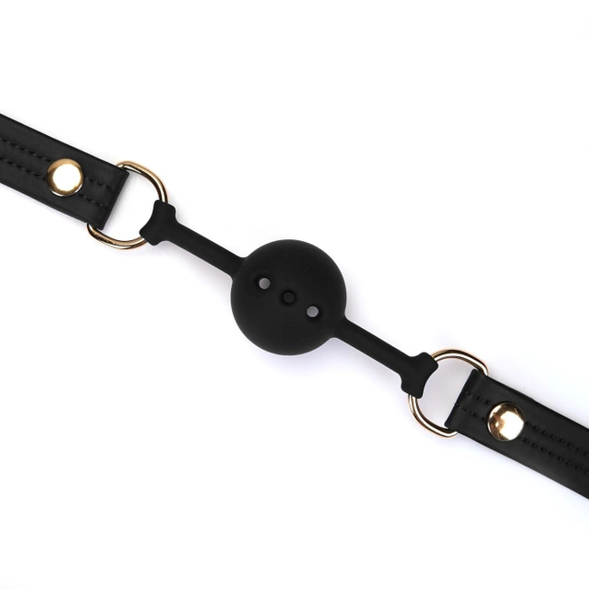 Elegancki oddychający knebel kulkowy z silikonu klasy spożywczej z opaską z organosilikonowej skóry ekologicznej, wegański, w kolorze głębokiej czerni, 100% VEGE