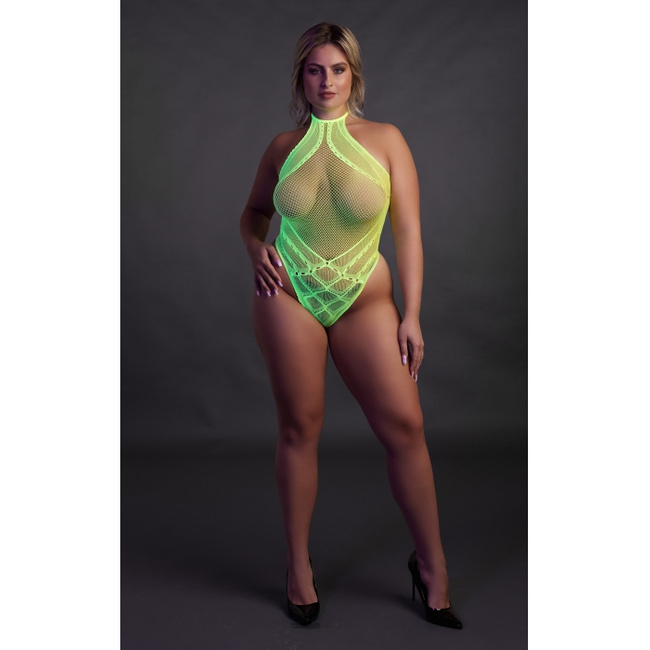 Fluorescencyjne, świecące w ciemnosci body z dekoltem typu halter, neonowa zieleń rozmiar XL/XXXXL