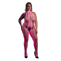 Fluorescencyjny, świecący w ciemnosci siateczkowy kostium z dekoltem typu halter, neonowy róż rozmiar XL/XXXXL