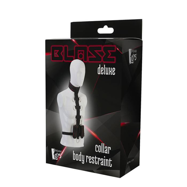 Elegancka uprząż - krzyżak z obrożą i kajdanami o regulowanej wysokości przyczepu z materiału zdobionego czerwonym haftem seria DELUXE BDSM