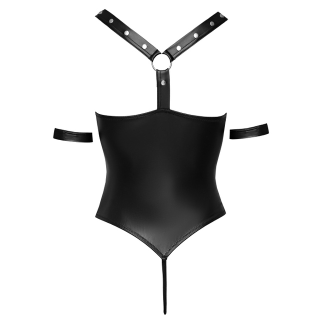 Seksowne body z odkrytym przodem i otwartym krokiem, z materiału wet-look, bondage, soft BDSM