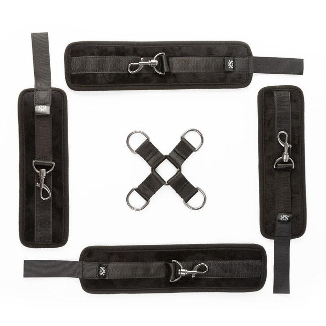Uprząż do krępowania rąk i nóg SEI MIO, krzyżak hogtie z krótkimi paskami i kajdankami na ręce i nogi,  soft BDSM, bondage