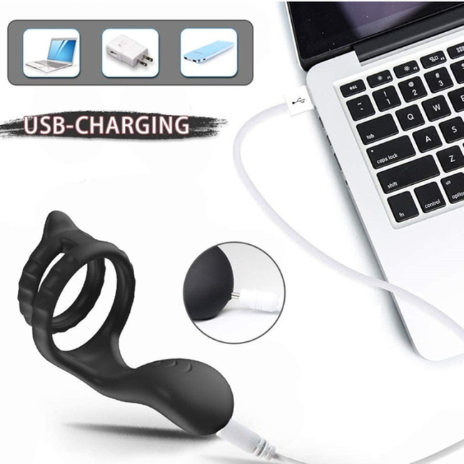 Wibrator nakładkowy, podwójny ring erekcyjny na penisa, silikon