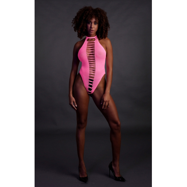 Fluorescencyjne, świecące body z wysokim wycięciem, neonowy róż rozmiar XS/XL