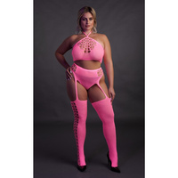 Fluorescencyjny, świecący dwuczęściowy kostium krótki top + pas z pończochami, neonowy róż rozmiar XL/XXXXL