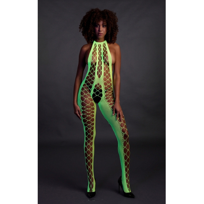 Fluorescencyjny, świecący w ciemnosci siateczkowy kostium z dekoltem typu halter, neonowa zieleń rozmiar XS/XL