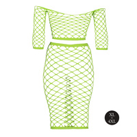 Fluorescencyjny, świecący, dwucześciowy kostium - krótki top z długim rękawem + długa sukienka, neonowa zieleń rozmiar XL/XXXXL