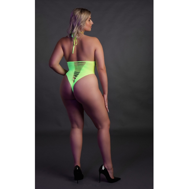 Fluorescencyjne, świecące body z wysokim wycięciem, neonowa zieleń rozmiar XL/XXXXL