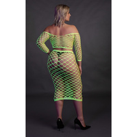 Fluorescencyjny, świecący, dwucześciowy kostium - krótki top z długim rękawem + długa sukienka, neonowa zieleń rozmiar XL/XXXXL