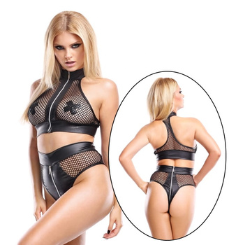 ARKE Czarny seksowny komplet biustonosz i majtki z siatką i z suwakiem BDSM