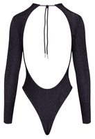 Czarne, delikatnie błyszczące srebrną nitka body z długim rękawem i wycięciami typu Rio na pośladkach