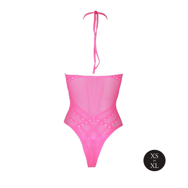 Fluorescencyjne, świecące w ciemnosci body z dekoltem typu halter, neonowy róż rozmiar XS/XL