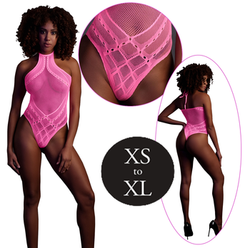 Fluorescencyjne, świecące w ciemnosci body z dekoltem typu halter, neonowy róż rozmiar XS/XL