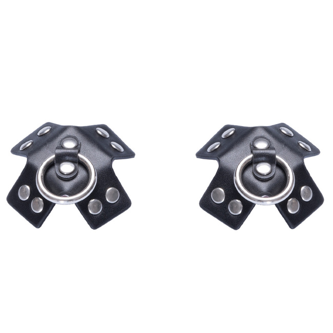 Nakładki naklejki na sutki. W kształcie czarnych skórzanych krzyży z metalowymi nitami i ringami, 2 sztuki