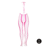 Fluorescencyjny, świecący w ciemnosci siateczkowy kostium z dekoltem typu halter, neonowy róż rozmiar XL/XXXXL