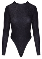 Czarne, delikatnie błyszczące srebrną nitka body z długim rękawem i wycięciami typu Rio na pośladkach