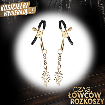 Złote, regulowane klamerki na sutki, z wisiorkami w kształcie liści – 2 sztuki