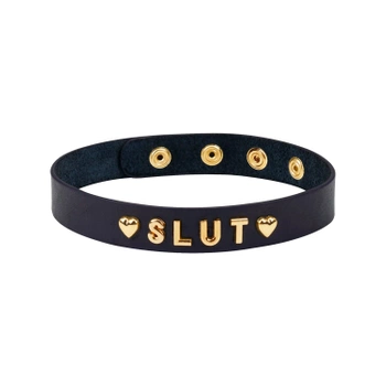 Obroża, naszyjnik, skórzana, z pozłacanym napisem "SLUT"  choker 