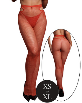 Złoto-czerwone rajstopy cut-out tights z wcięciem, z siateczki typu kabaretka, czerwone ze złotą nitką, ONE SIZE XS-XL