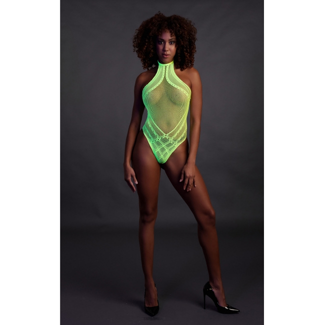 Fluorescencyjne, świecące w ciemnosci body z dekoltem typu halter, neonowa zieleń rozmiar XS/XL
