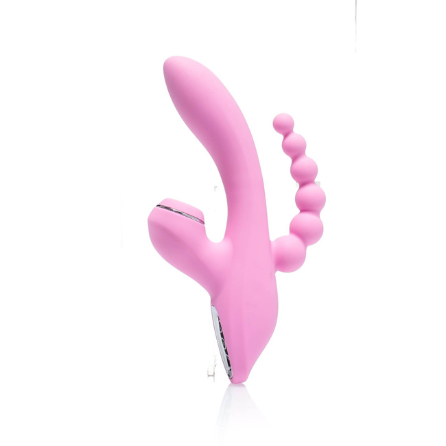 Potrójny pieszczoch – wibrator typu combo – trzy końcówki: wibrator do punktu G + powietrzny stymulator łechtaczki + dildo analne